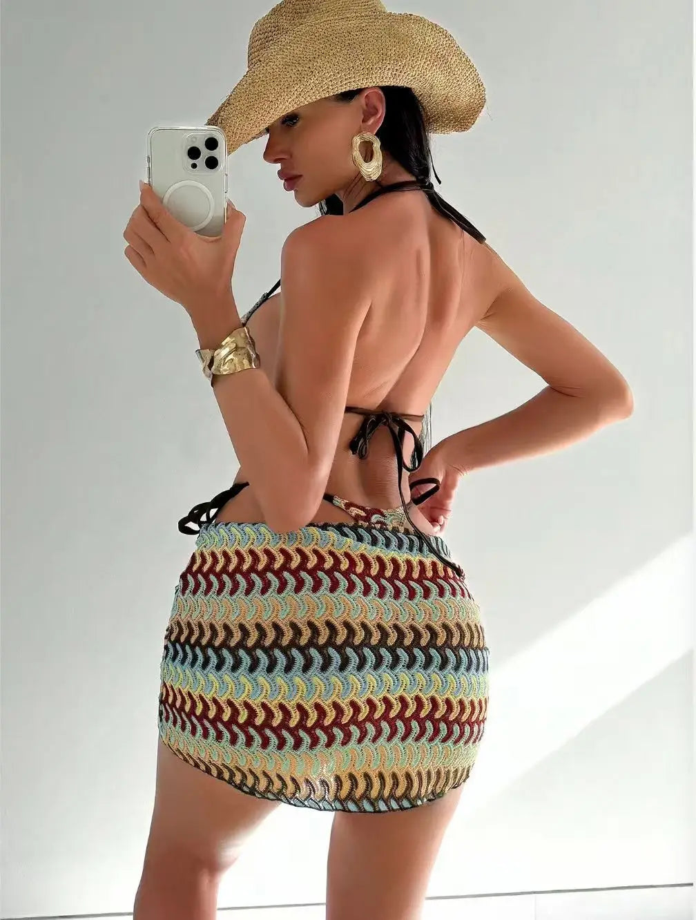 3-Piece Striped Bikini Set – Tie-Neck Halter Top, High-Cut Bottom & Sarong Skirt, Summer Beach Style