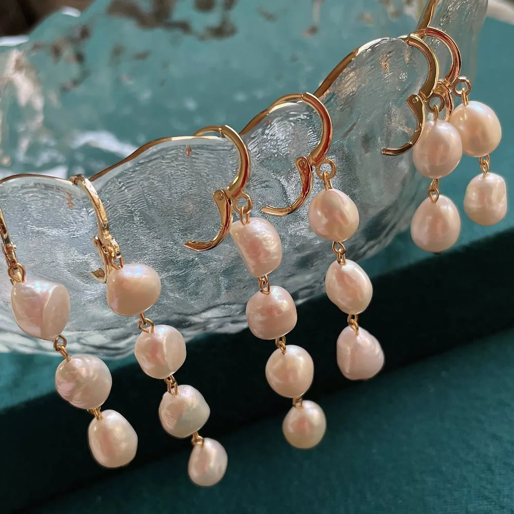 Boucles d'Oreilles Pendantes Perle Baroque Naturelle – Acier Inoxydable Plaqué Or, Longues Franges, Style Coréen