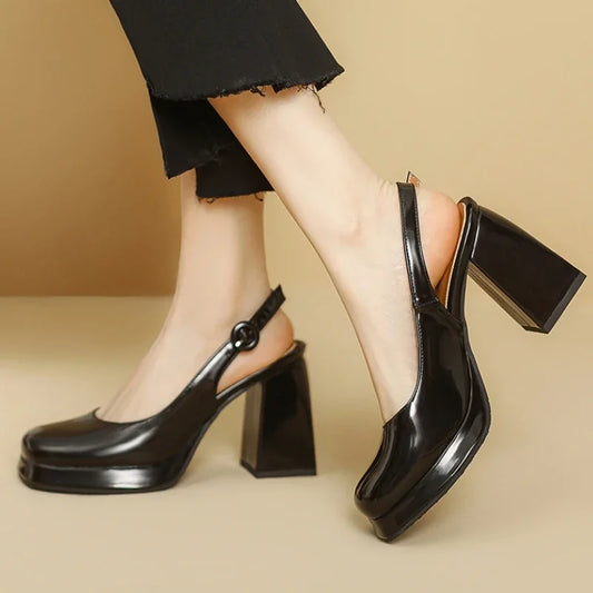 Escarpins Slingback Cuir PU avec Plateforme – Talon Carré, Style Soirée & Mariage