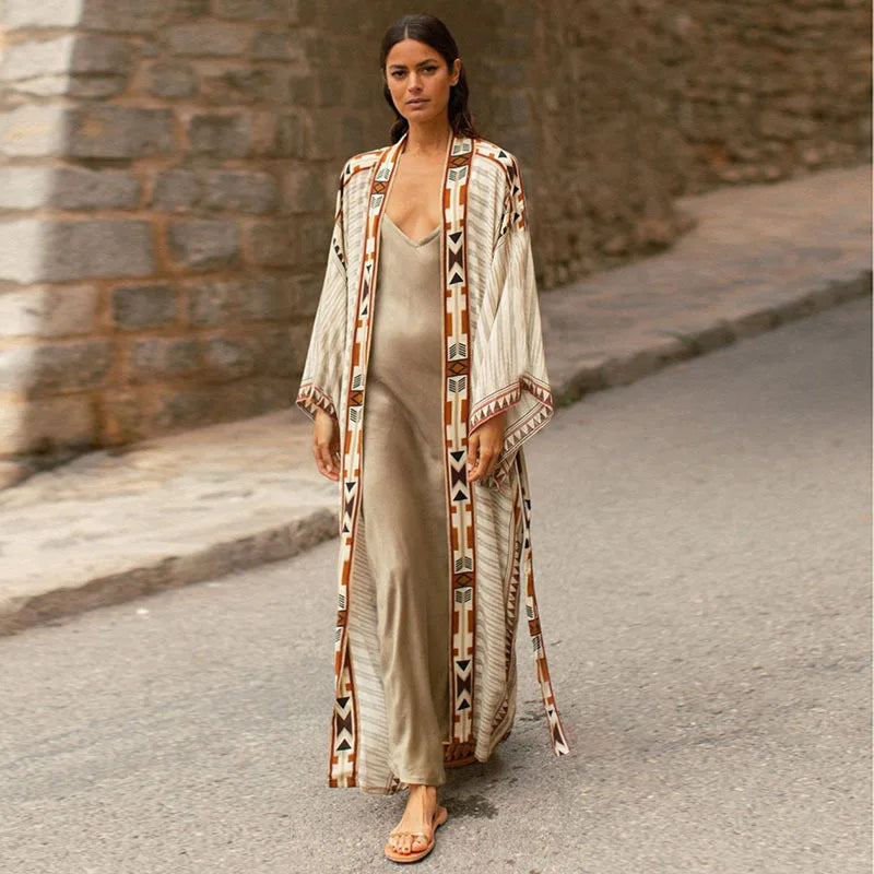 Cache-Maillot Robe Plage Kaftan – Manches Longues, Taille Unique, Style Bohème Été