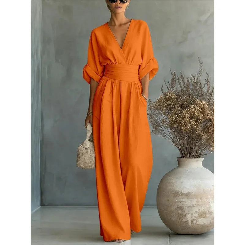 Women's Jumpsuit – V-Neck, High Waist, Wide Leg, Pockets | Elegant Loose Fit