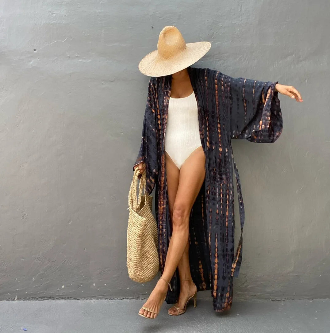 Women's Tie-Dye Long Kimono Cover-Up – Open Front, Rayon, One Size, Beach Style