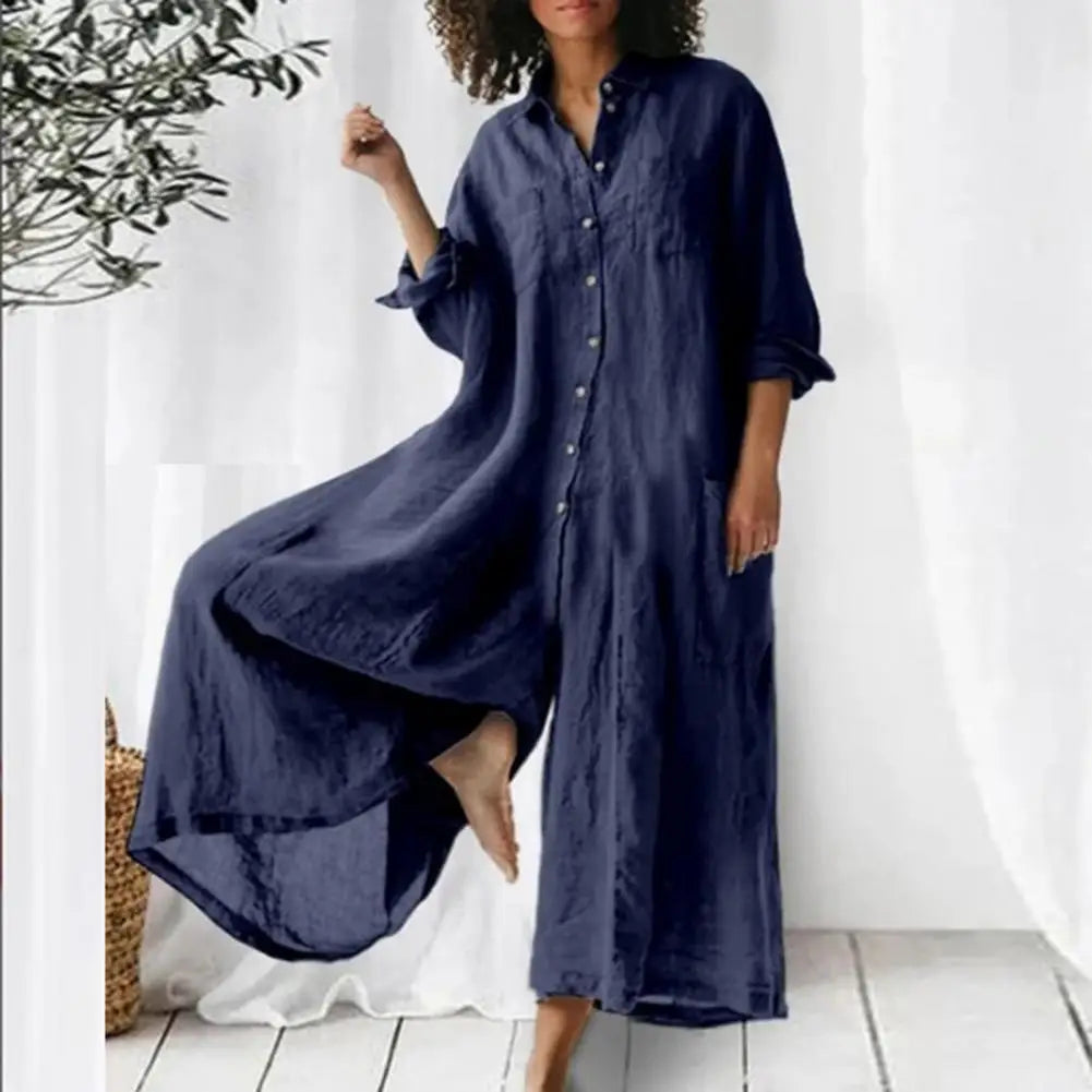 Plus Size Women's Jumpsuit – Linen Cotton, Turn-Down Collar, Wide Leg, Vintage Casual Style