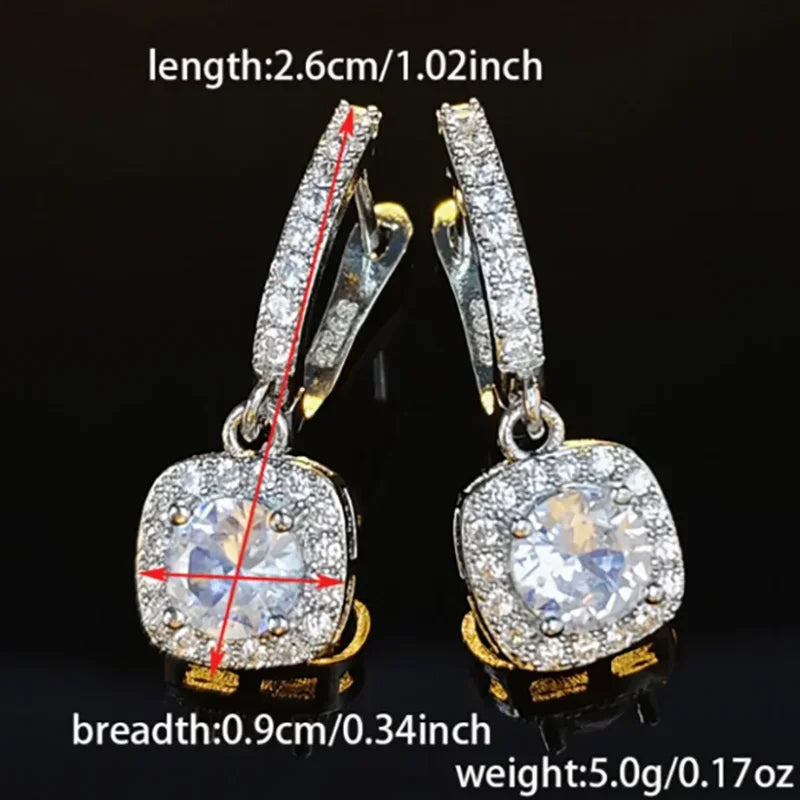Boucles d'Oreilles Pendantes Carrées Zircon – Cuivre Plaqué Argent, Style Nuptial Élégant, 4 Coloris