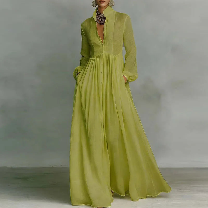 Robe Maxi Femme – Col Rond, Manches Lanterne, Taille Empire, Poches, Plissée | Style Élégant