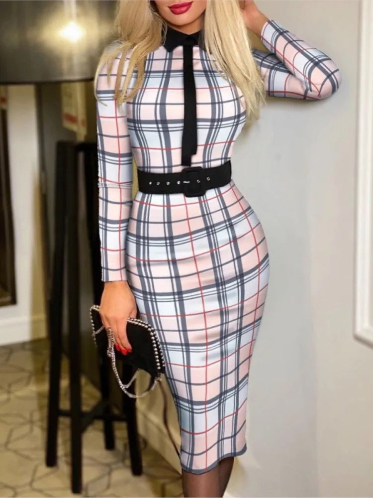 Fitted Printed Midi Dress with Belt and Structured Collar