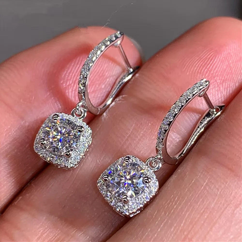 Boucles d'Oreilles Pendantes Carrées Zircon – Cuivre Plaqué Argent, Style Nuptial Élégant, 4 Coloris