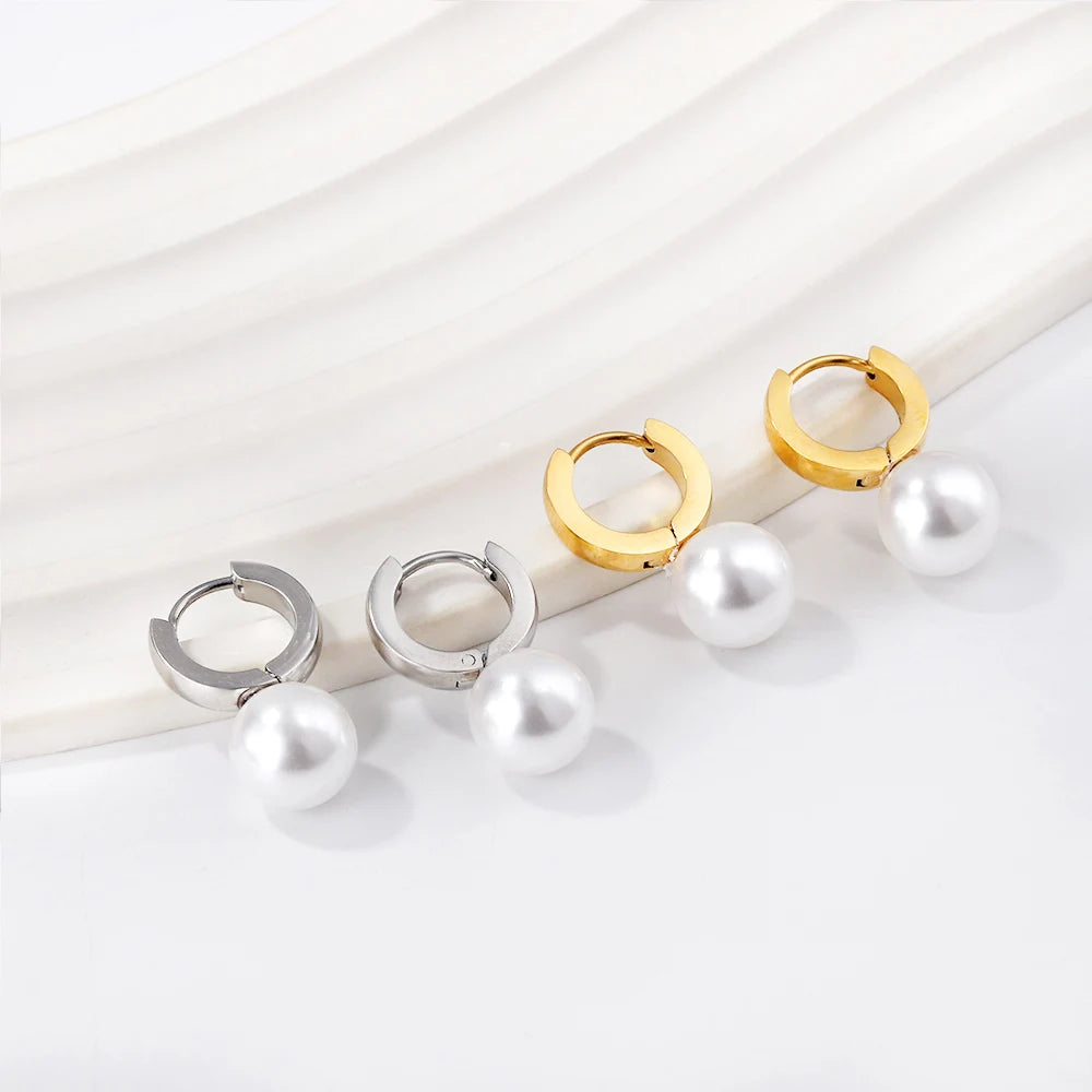 Boucles d'Oreilles Créoles Perle Simulée – Acier Inoxydable Plaqué Or 24K, Style Tendance