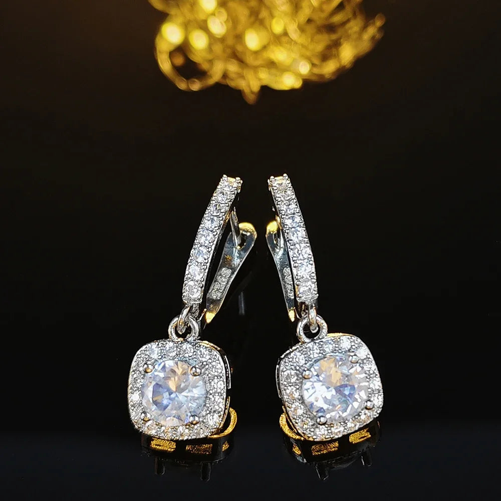 Boucles d'Oreilles Pendantes Carrées Zircon – Cuivre Plaqué Argent, Style Nuptial Élégant, 4 Coloris