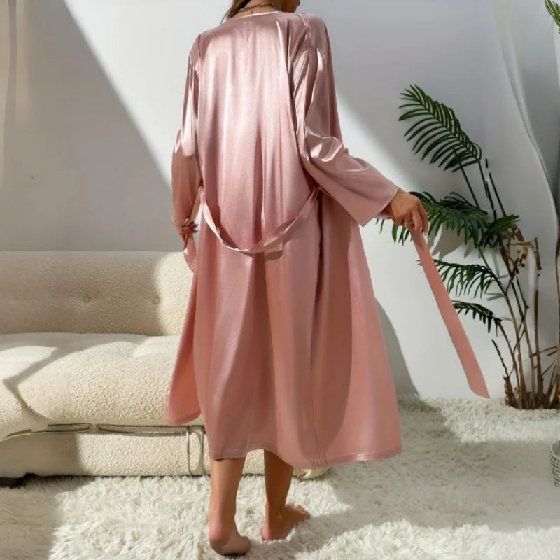 Ensemble Nuisette & Peignoir Femme – Caraco Col Bateau, Manches Longues, Matière Satiné Élastique