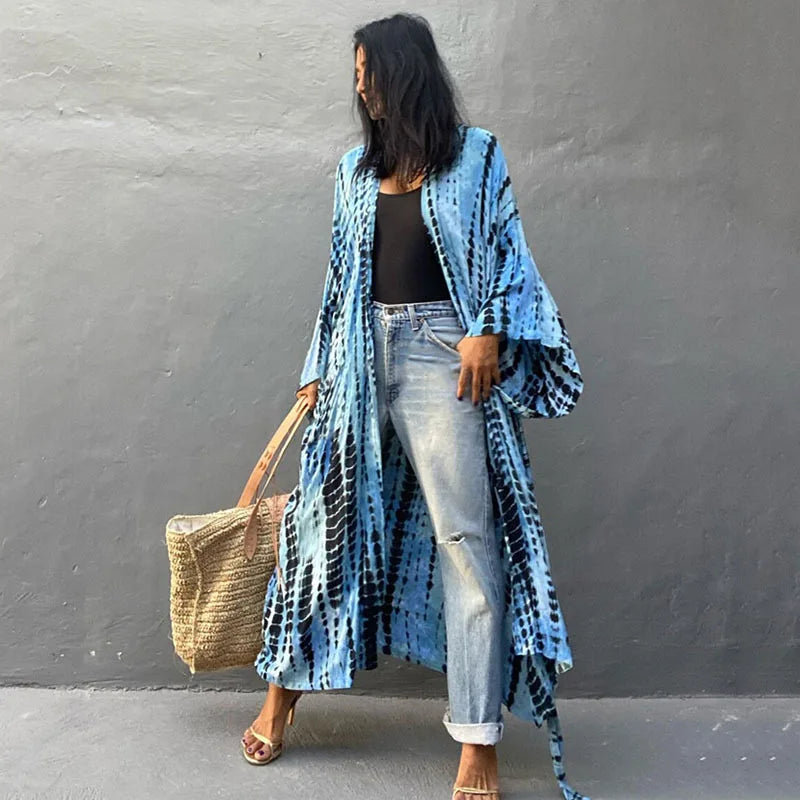 Women's Tie-Dye Long Kimono Cover-Up – Open Front, Rayon, One Size, Beach Style