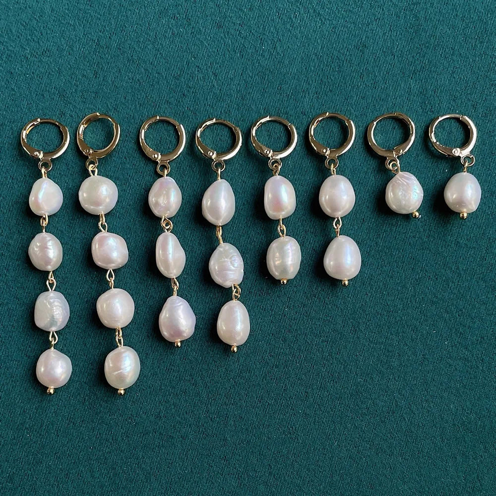 Boucles d'Oreilles Pendantes Perle Baroque Naturelle – Acier Inoxydable Plaqué Or, Longues Franges, Style Coréen